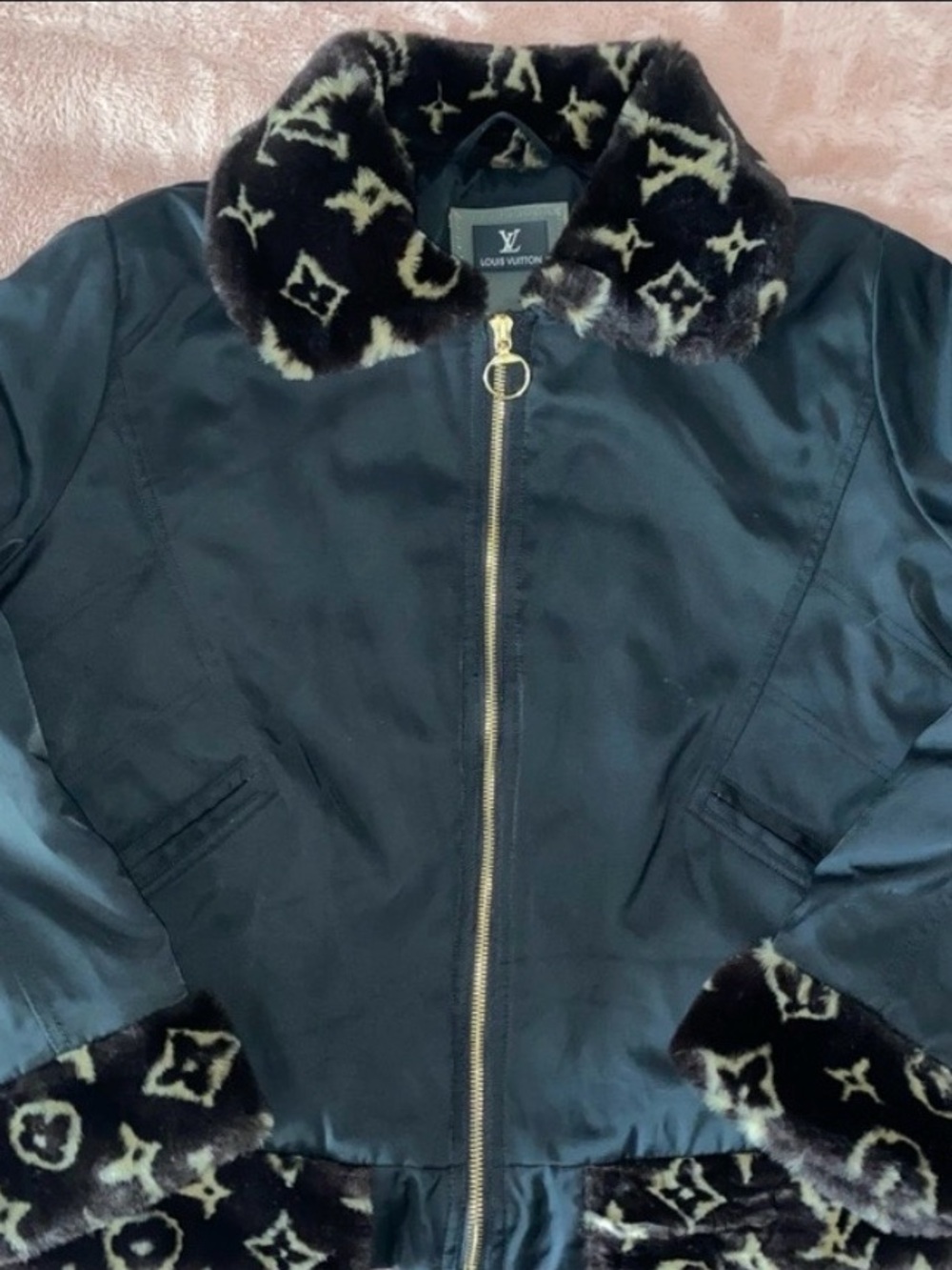 Louis Vuitton Black Jacket with Monogram Fur Trim Small